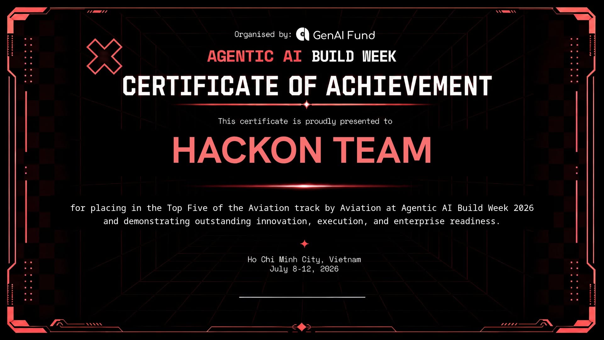 Certificate of Achievement awarded to HackOn Team for placing in the Top Five of the Aviation track at Agentic AI Build Week 2026.